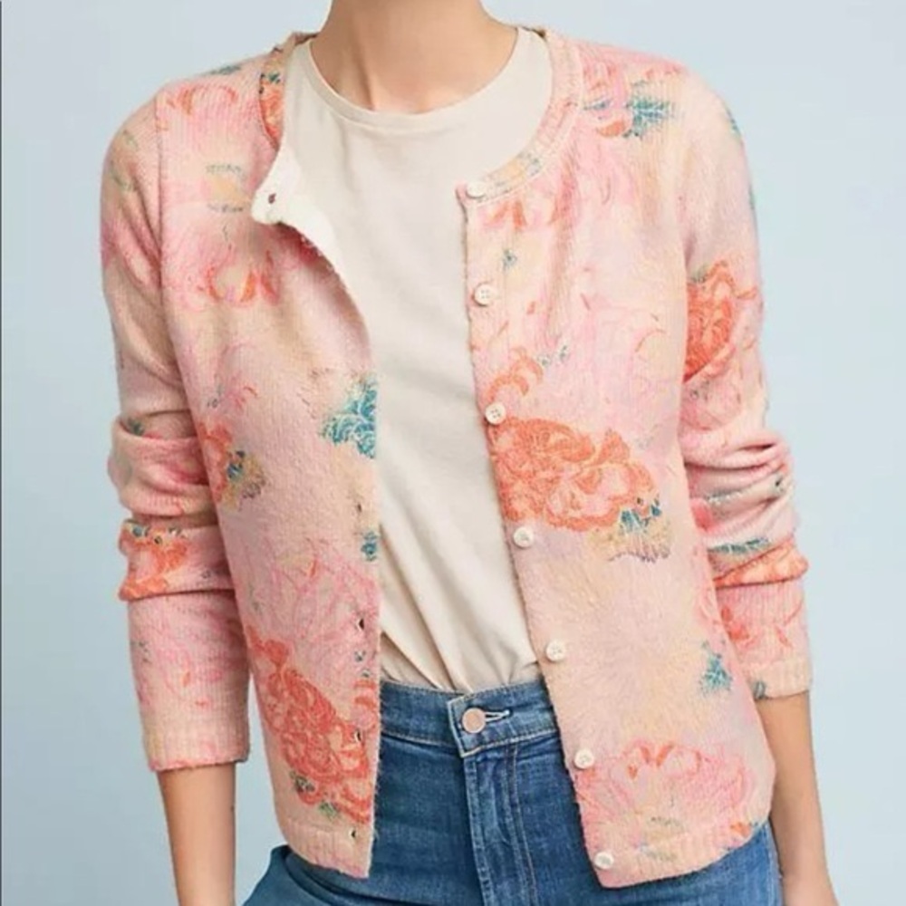 Anthropologie Postmark Devon Floral Cardigan Sweater Pink Orange Small